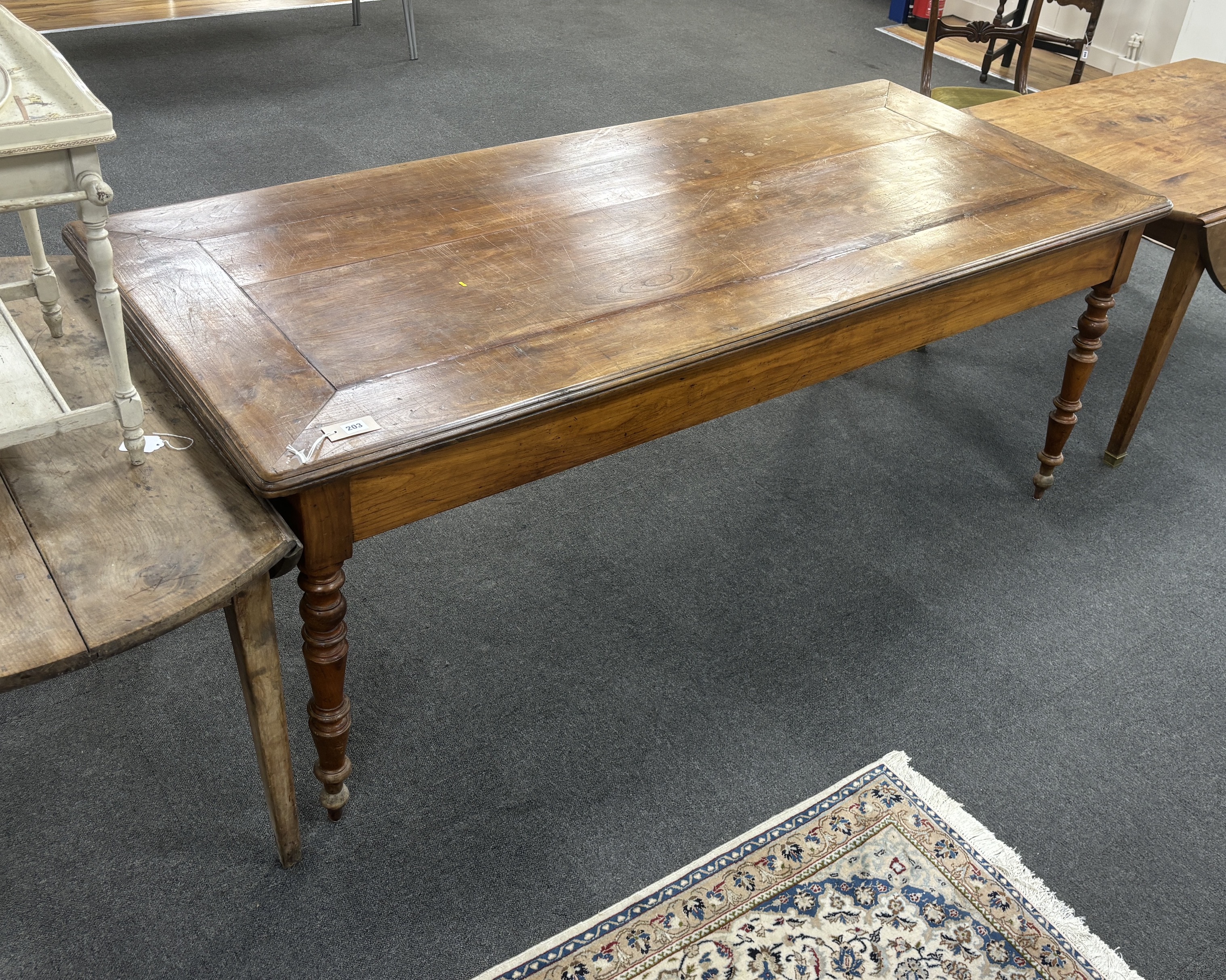 A 19th century French rectangular cherry kitchen table with slide and drawer, width 198cm, depth 88cm, height 78cm